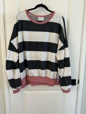 Fantastic Fawn Black & White Striped Pullover with Pink Trim